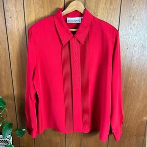 Vintage Claudia Richard Red Pleated Embroidered Button Down Blouse Career